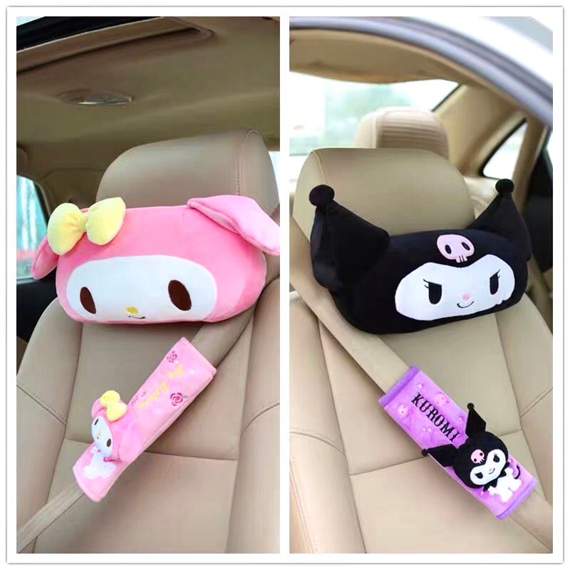 Cute Sanrio Kuromi My Melody Car Seat Pillow Pink Car Headrest Neck Pillow  And Seat Belt Cartoon Plush Head Cushion Neck Support 