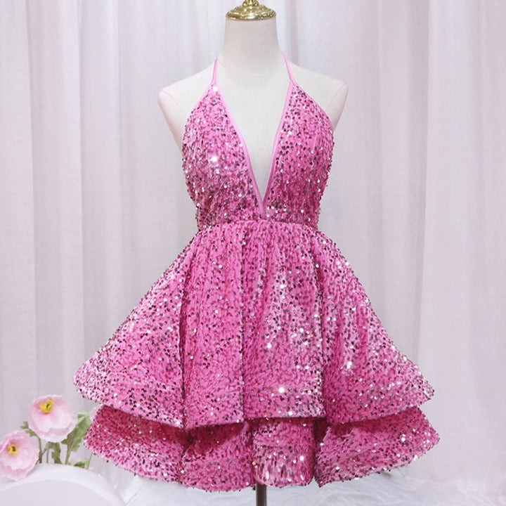 Sequined Neckless Backless Double-layered Swing Homecoming Dress