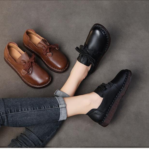 Women's Casual Lace-up Loafers Handmade Leather Flats