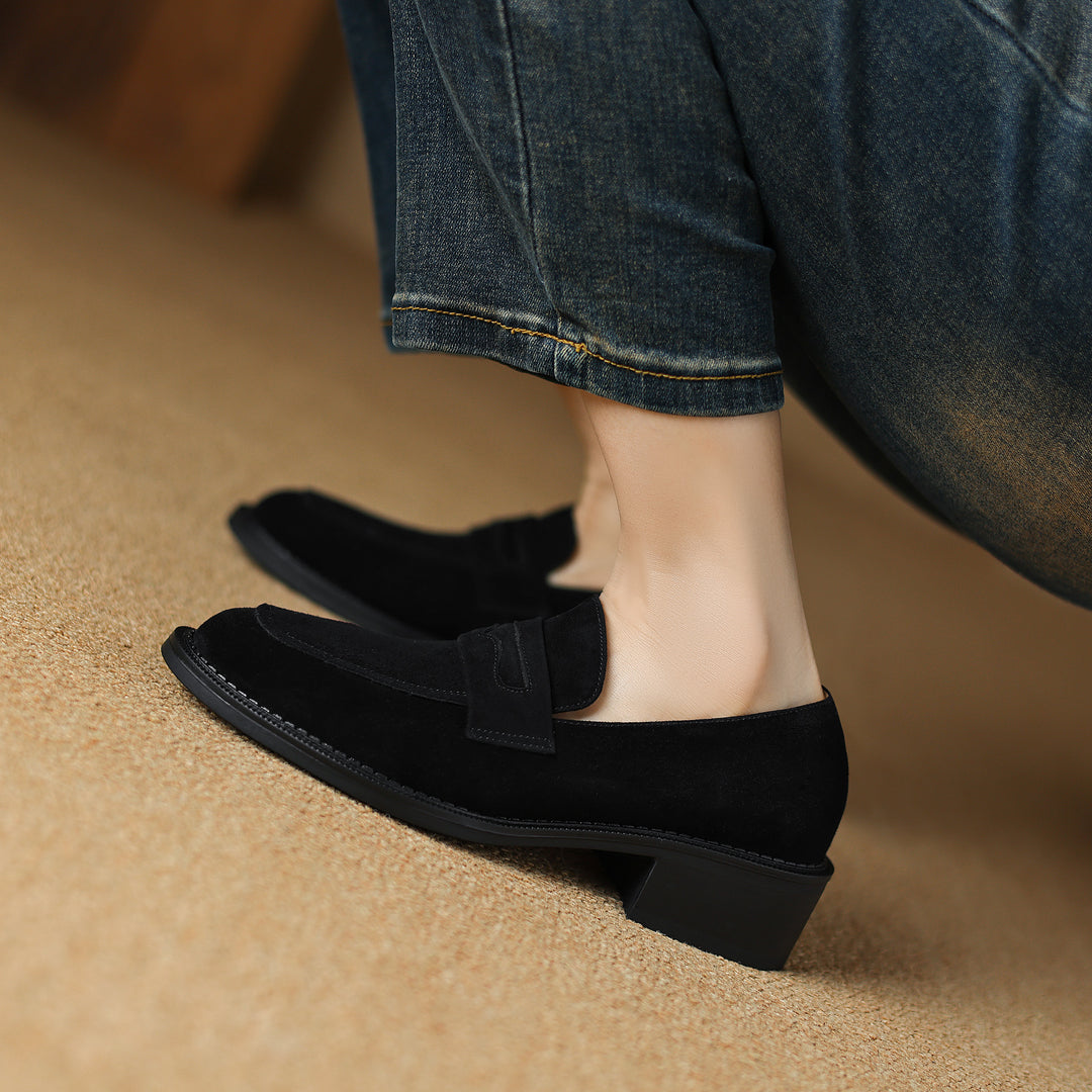 Women's Suede Handmade Chunky Heeled Loafers