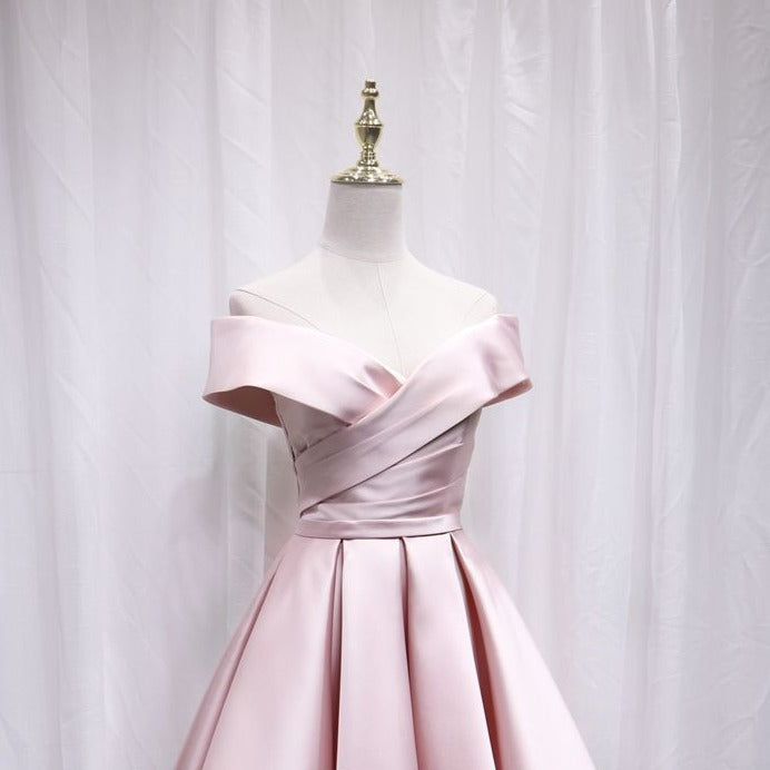 Pink Pleated Satin Homecoming Dress With Off Shoulder