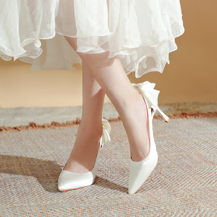 Women's Bowknot Heels French Hollow Pointed Toe Wedding Pumps