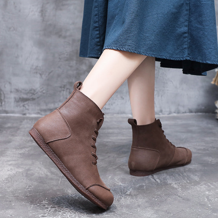 Womens Handmade Retro Color Matching Leather Flat Boots