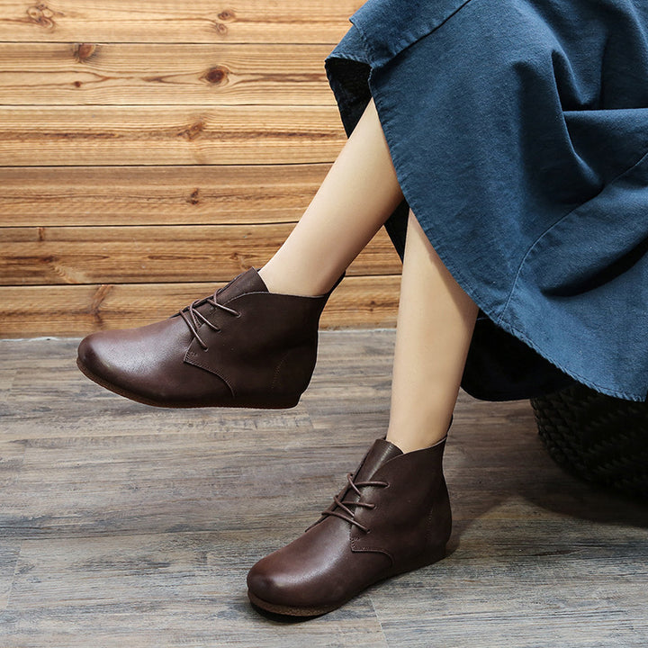 Women Vintage Autumn Soft Leather Lace-up Flat Boots