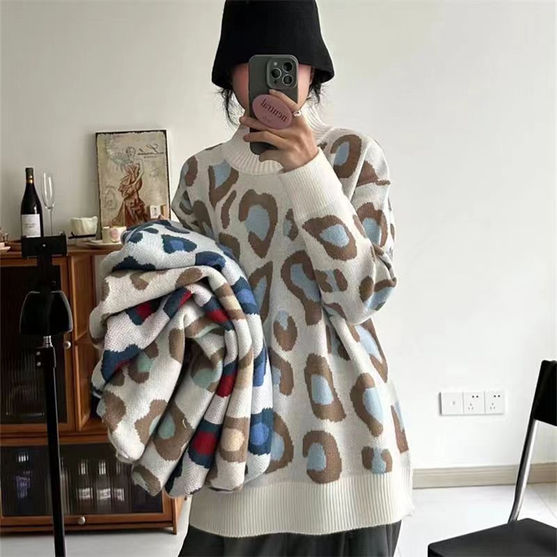 Women's Leopard Print Sweater Winter Warm Turtleneck Oversized Pullover Jumper