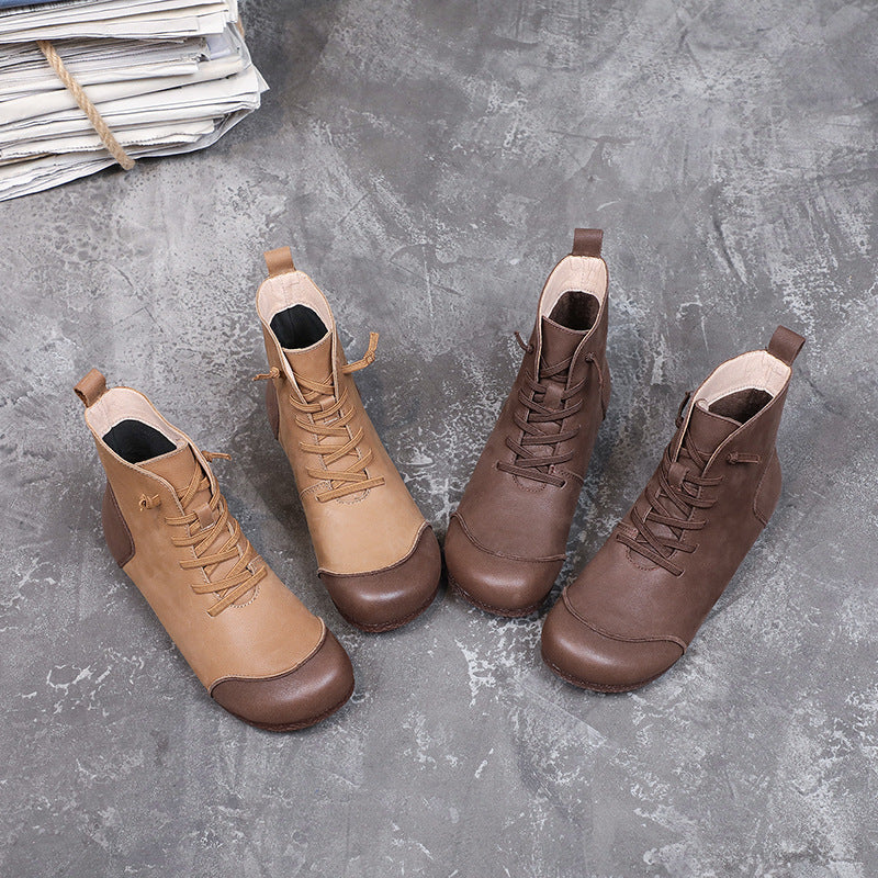 Womens Handmade Retro Color Matching Leather Flat Boots