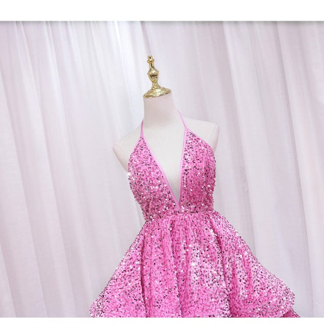 Sequined Neckless Backless Double-layered Swing Homecoming Dress