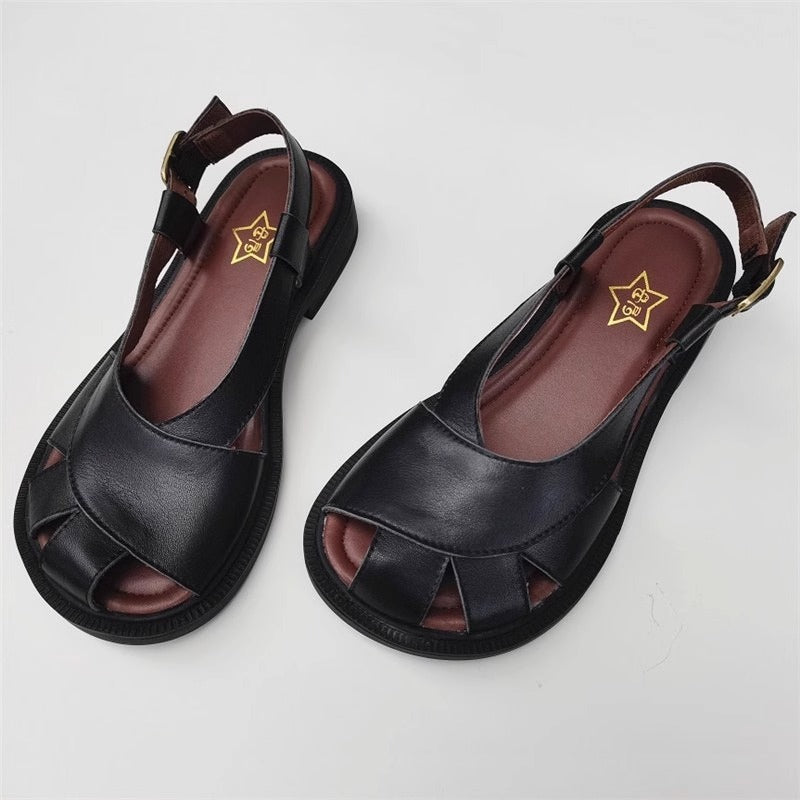 Womens Daily Casual Retro Leather Wide Toe Box Sandals