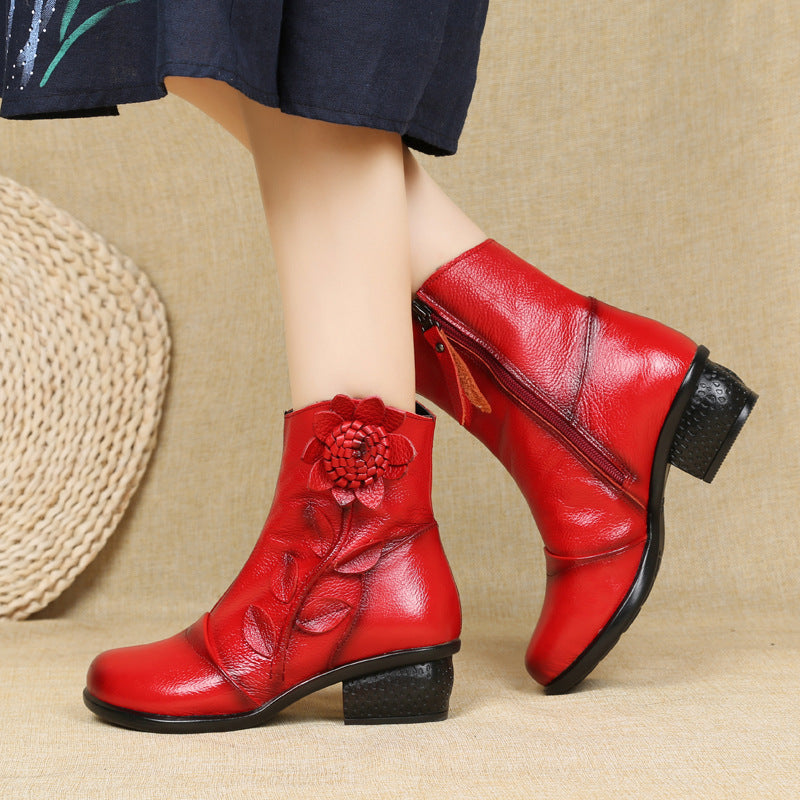 Women's Casual Leather Ankle Boots Oxford Boots Block Heel Zipper Shoes