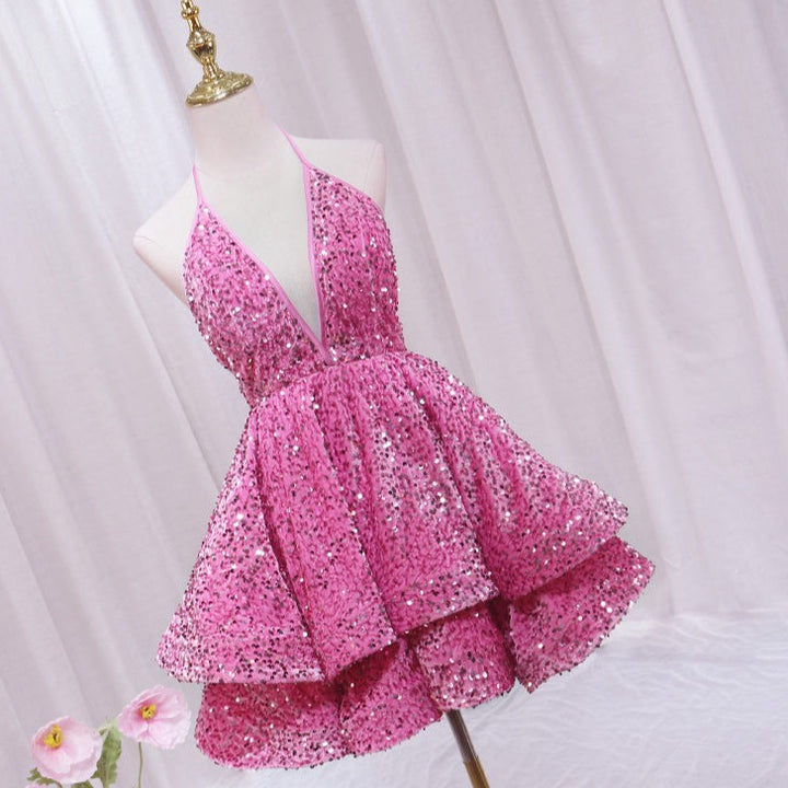 Sequined Neckless Backless Double-layered Swing Homecoming Dress