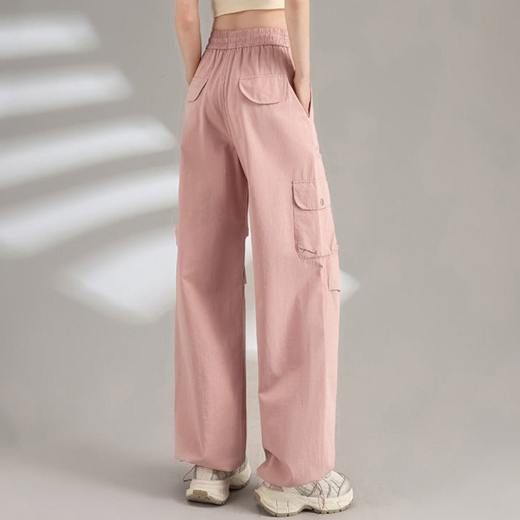 Womens Cotton Drawstring Waist Wide Leg Cargo Pants