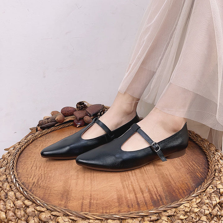 Womens Pointed Toe Leather Mary Jane Shoes