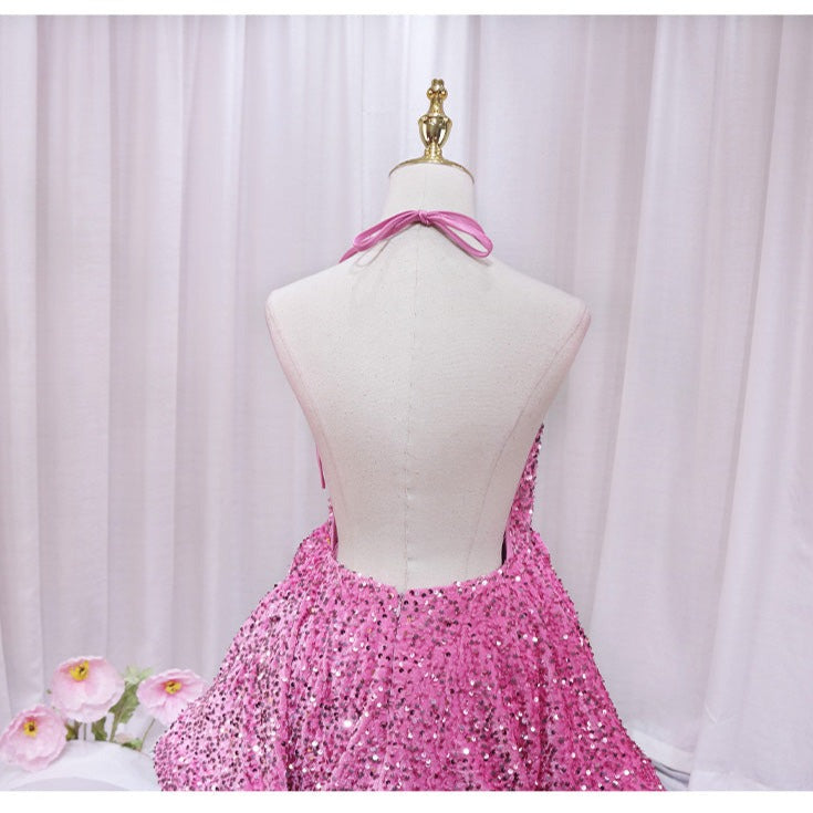 Sequined Neckless Backless Double-layered Swing Homecoming Dress