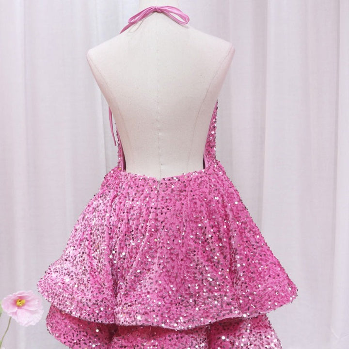 Sequined Neckless Backless Double-layered Swing Homecoming Dress