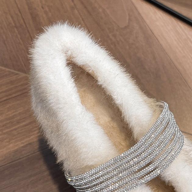 Soft Rabbit Fur Winter Rhinestone Buckle Flat Shoes