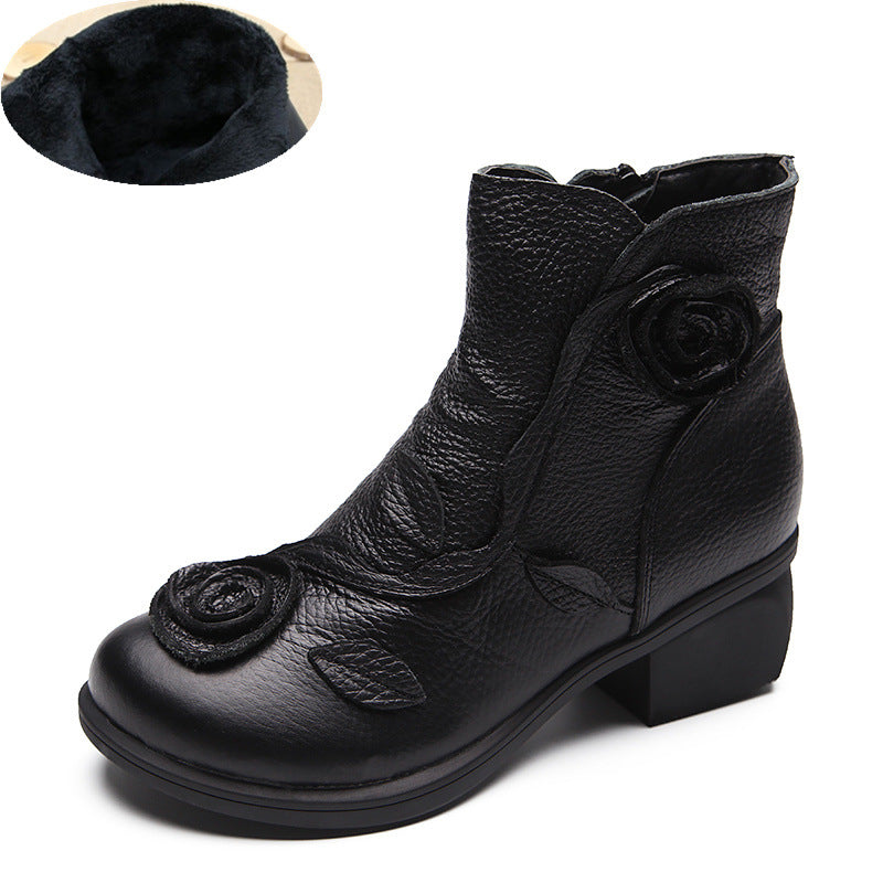 Womens Hand Sewn Floral Chunky Heel Leather Boots