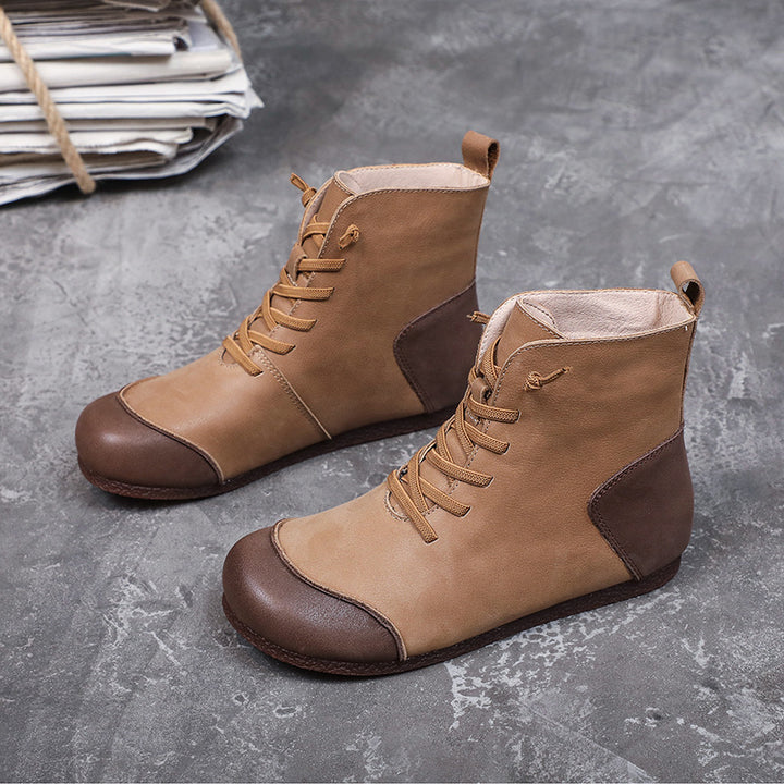 Womens Handmade Retro Color Matching Leather Flat Boots