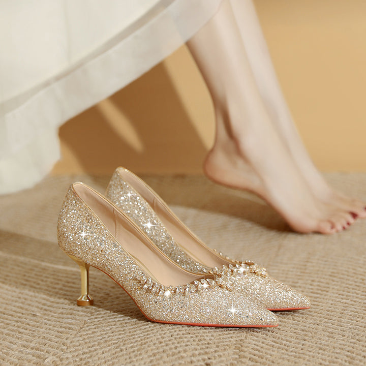 Womens Wedding Bridal Shoes Elegant Glitter Thin Heels Pumps