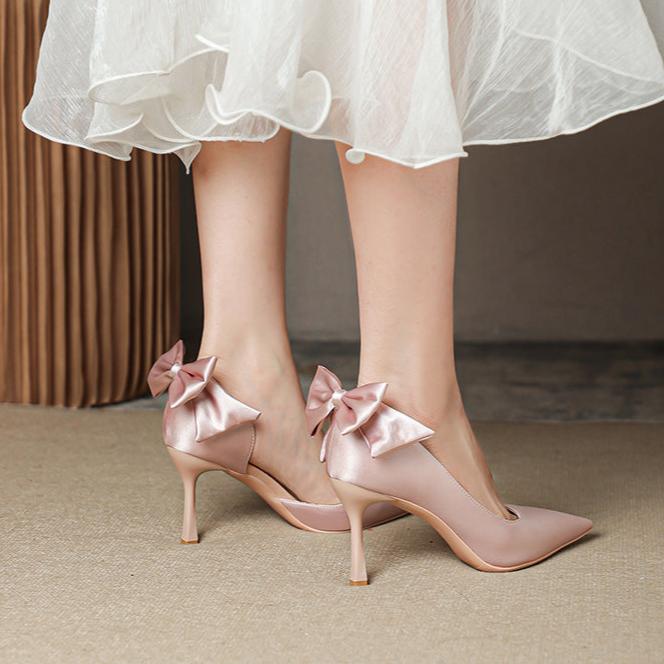 Women's Wedding Shoes Satin High Heel Point Toe Bowknot Prom Pump