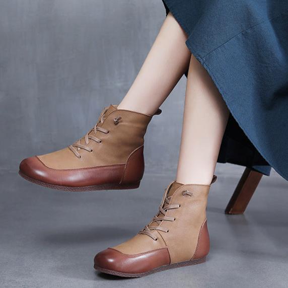 Womens Handmade Lace-up Retro Color Matching Leather Flat Boots