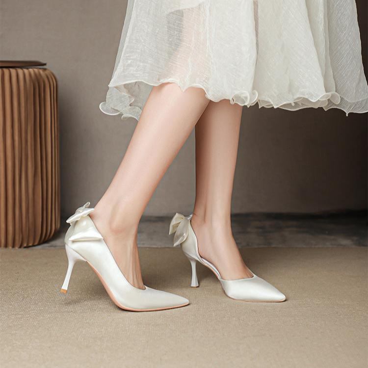 Women's Wedding Shoes Satin High Heel Point Toe Bowknot Prom Pump