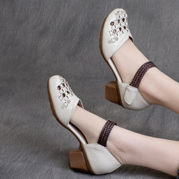 Ethnic style Retro Cowhide Braided Hollow Thick Heel Sandals