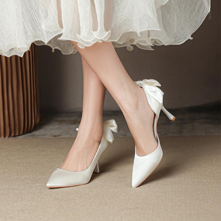 Women's Wedding Shoes Satin High Heel Point Toe Bowknot Prom Pump