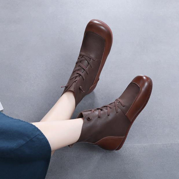 Womens Handmade Lace-up Retro Color Matching Leather Flat Boots