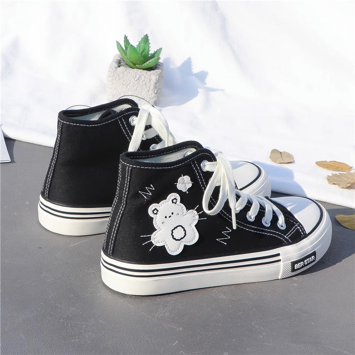 Women's Cute Bear Canvas High top Sneakers Lace up Tennis Shoes