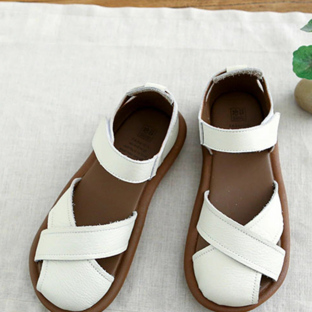 Women Cowhide Sandals Fork Strap Velcro Flat Summer Literary Style Shoes