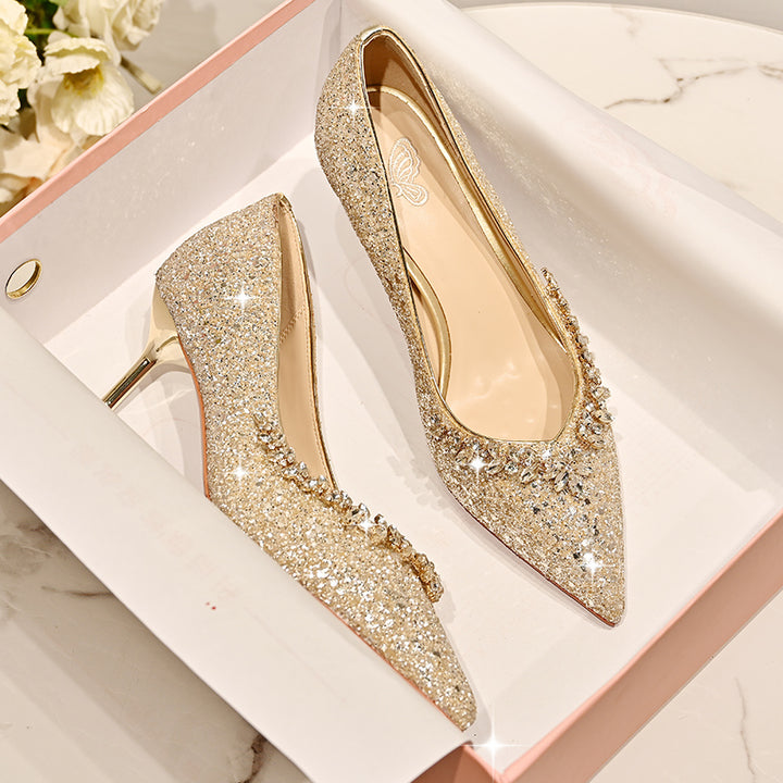 Womens Wedding Bridal Shoes Elegant Glitter Thin Heels Pumps