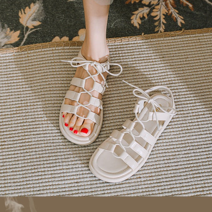 Women's Open Toe Lace Up Flats Sandals Summer Shoes