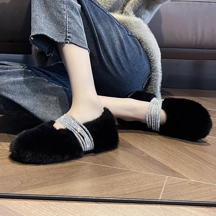 Soft Rabbit Fur Winter Rhinestone Buckle Flat Shoes