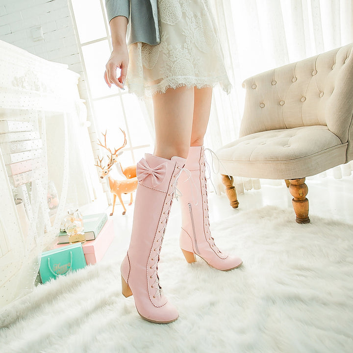 Women's Knee High Boots Lace Up Bowknot Lolita Boot