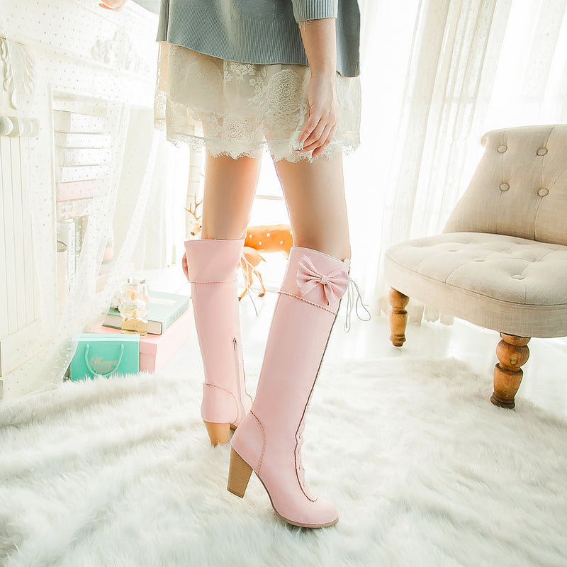 Women's Knee High Boots Lace Up Bowknot Lolita Boot