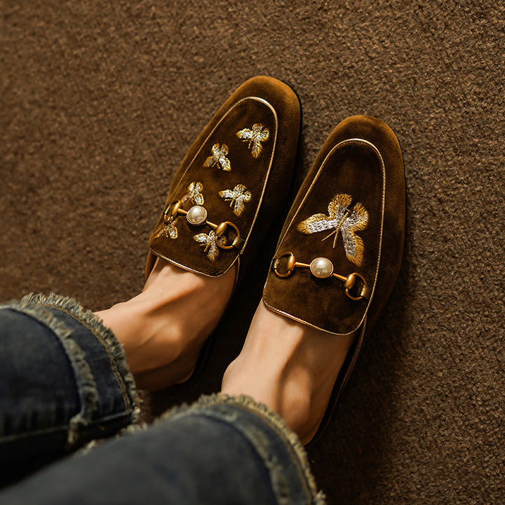 Womens Butterfly Embroidery Velvet Flats Mules