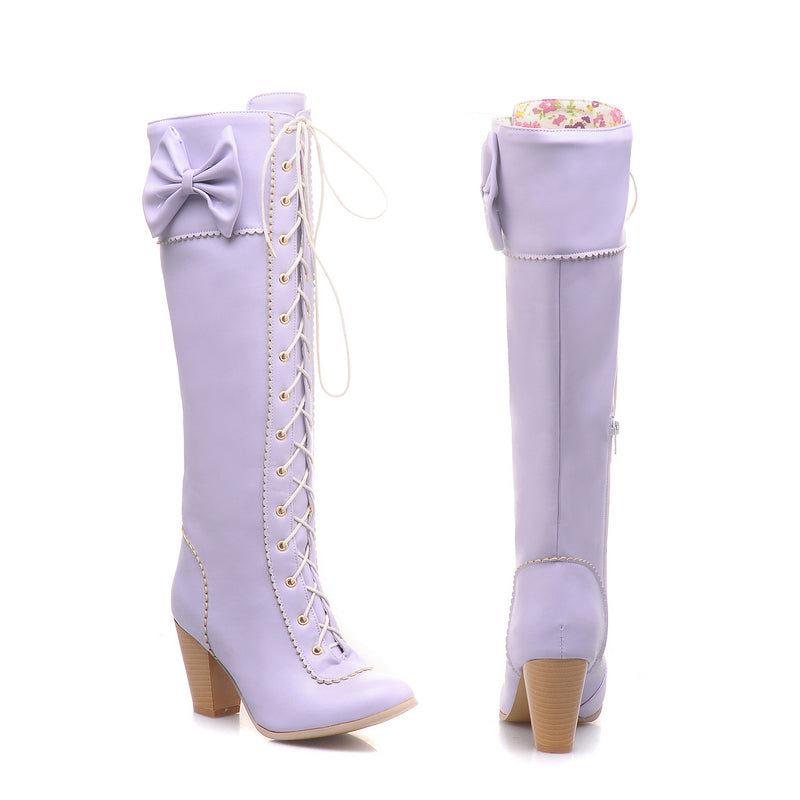 Women's Knee High Boots Lace Up Bowknot Lolita Boot