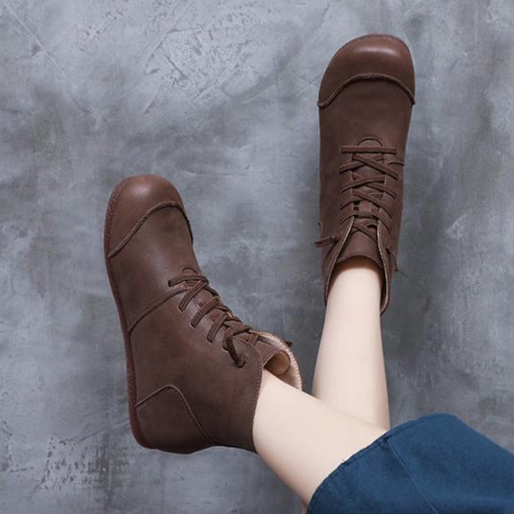 Womens Handmade Retro Color Matching Leather Flat Boots