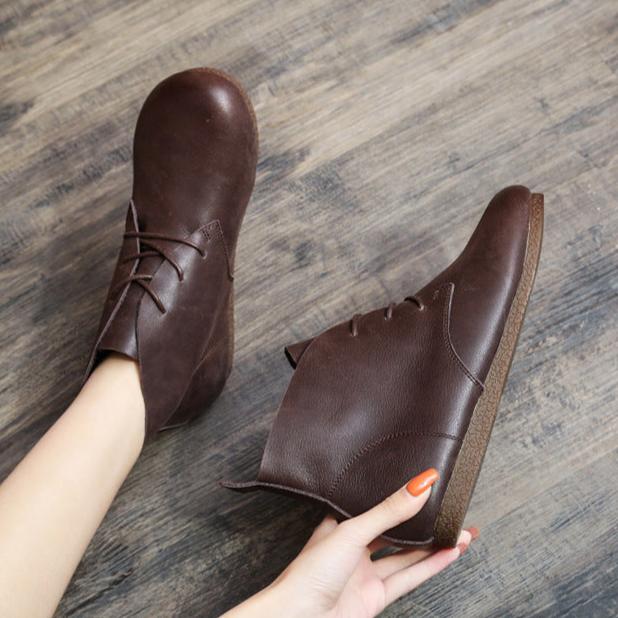 Women Vintage Autumn Soft Leather Lace-up Flat Boots