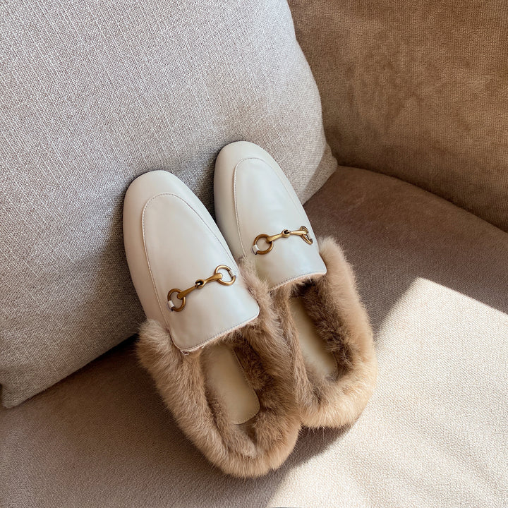 Women Leather Fur Flat Slippers Mules