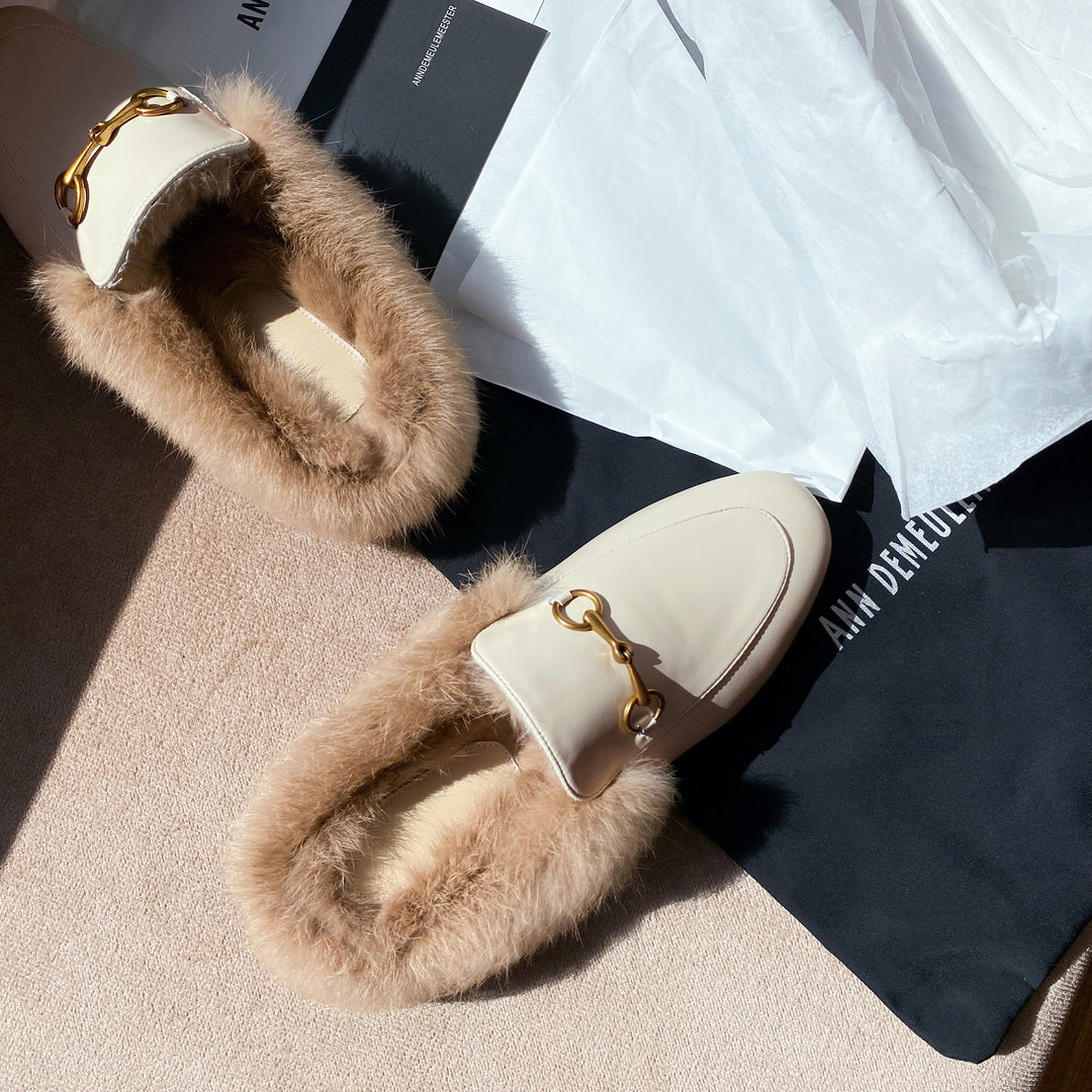 Women Leather Fur Flat Slippers Mules