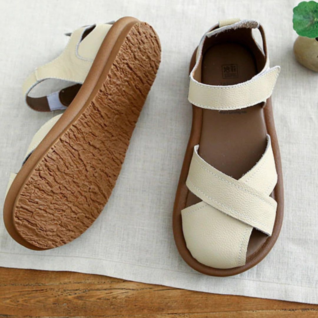 Women Cowhide Sandals Fork Strap Velcro Flat Summer Literary Style Shoes