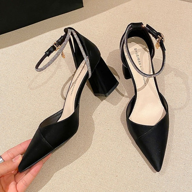 Evening Party Rhinestone Buckle Chunky Heel Pointed Toe High Heeled Sandals