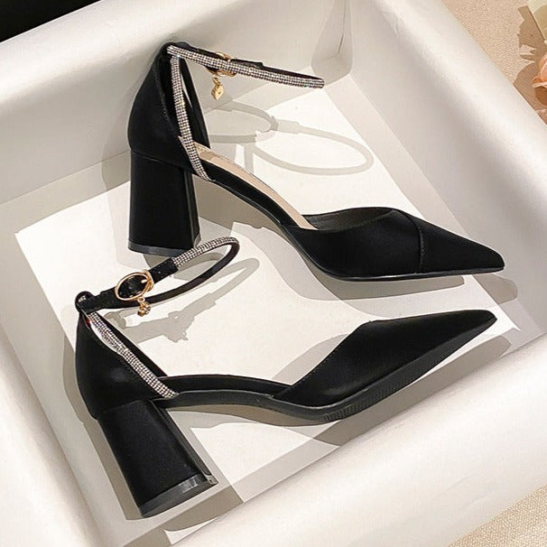 Evening Party Rhinestone Buckle Chunky Heel Pointed Toe High Heeled Sandals