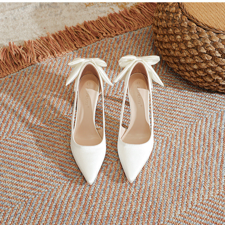 Women's Bowknot Heels French Hollow Pointed Toe Wedding Pumps