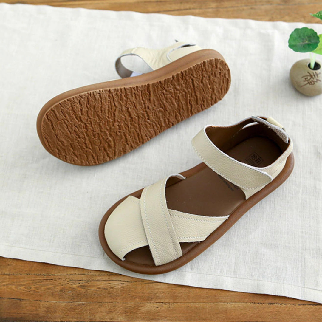 Women Cowhide Sandals Fork Strap Velcro Flat Summer Literary Style Shoes