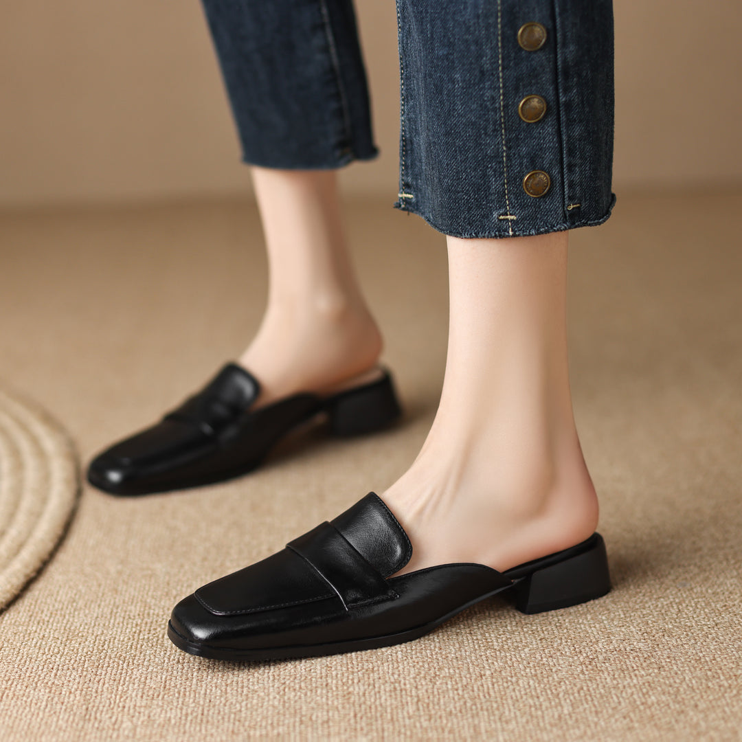 Women's Leather Casual Flat Mules Shoes