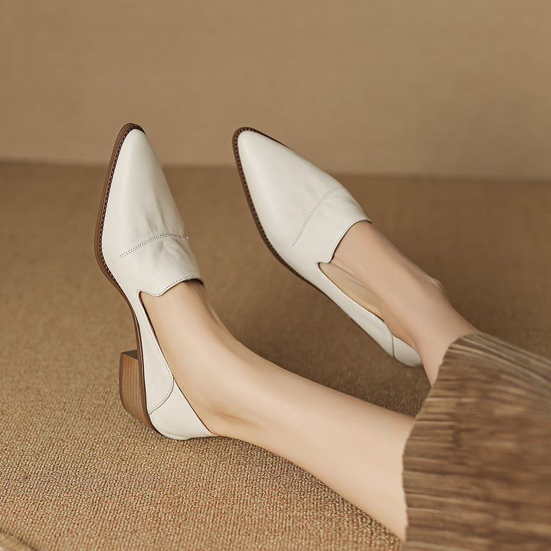 Women's Handmade Pointed Toe Block Heels Loafers Shoes