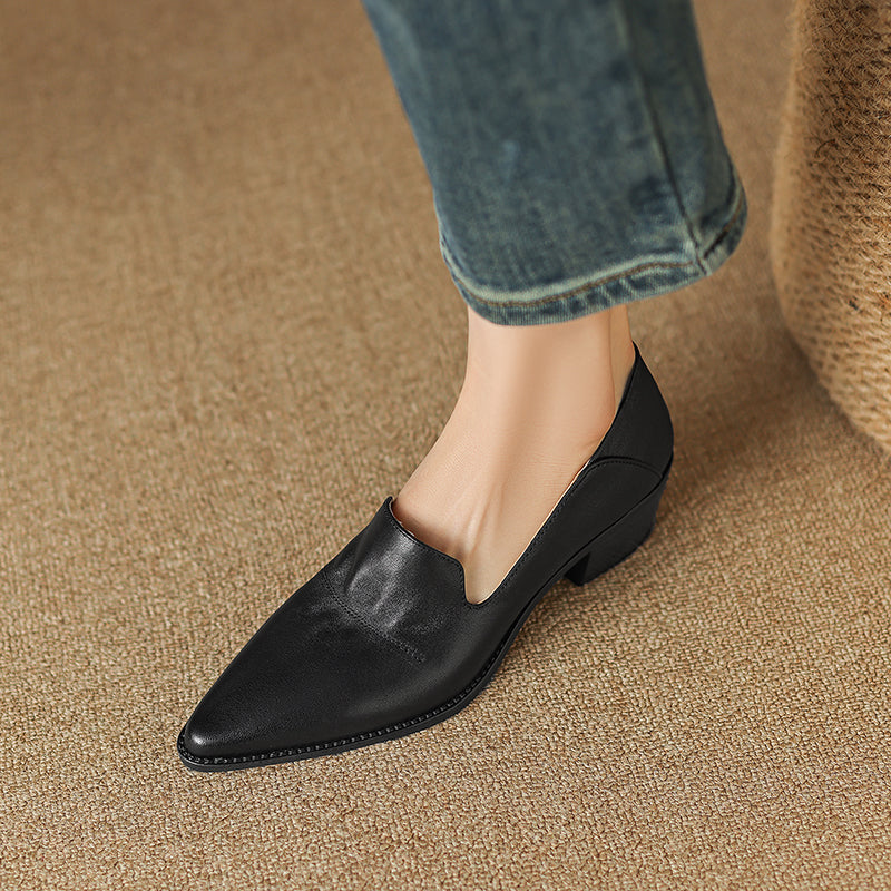 Women's Handmade Pointed Toe Block Heels Loafers Shoes