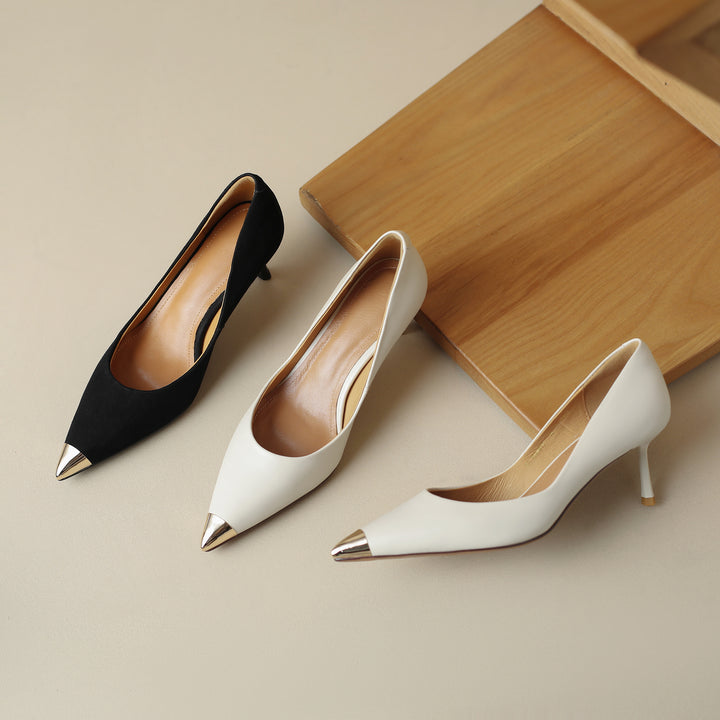 Womens Gold Metal Pointed Toe Leather Heels Stiletto Pumps